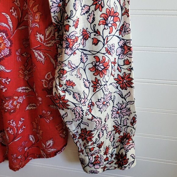 J. Jill Top Womens M Cream and Red Colorblock Print Button Up Cotton Gauzy Sheer - Picture 4 of 11